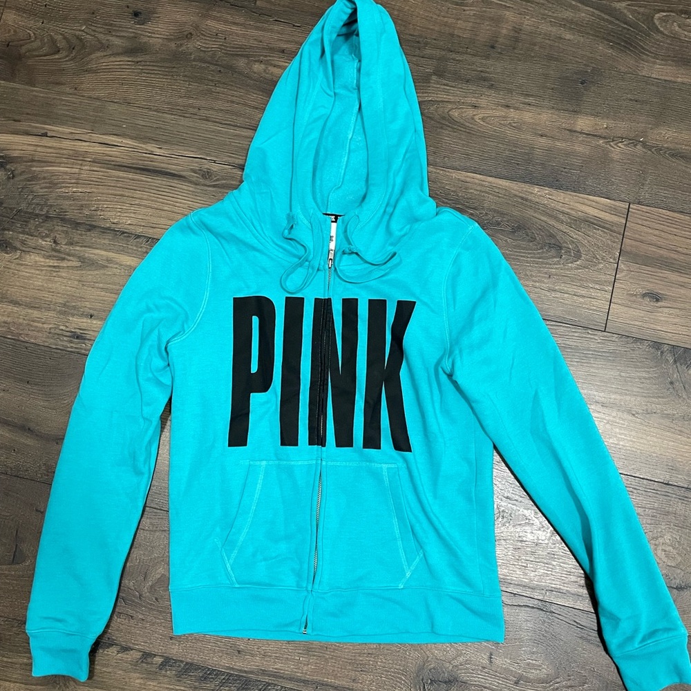PINK, turquoise zip-up hooded jacket. Medium.